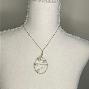 Oval Shaped Wire & Bead Pendant Necklace. Chain is 18” long.